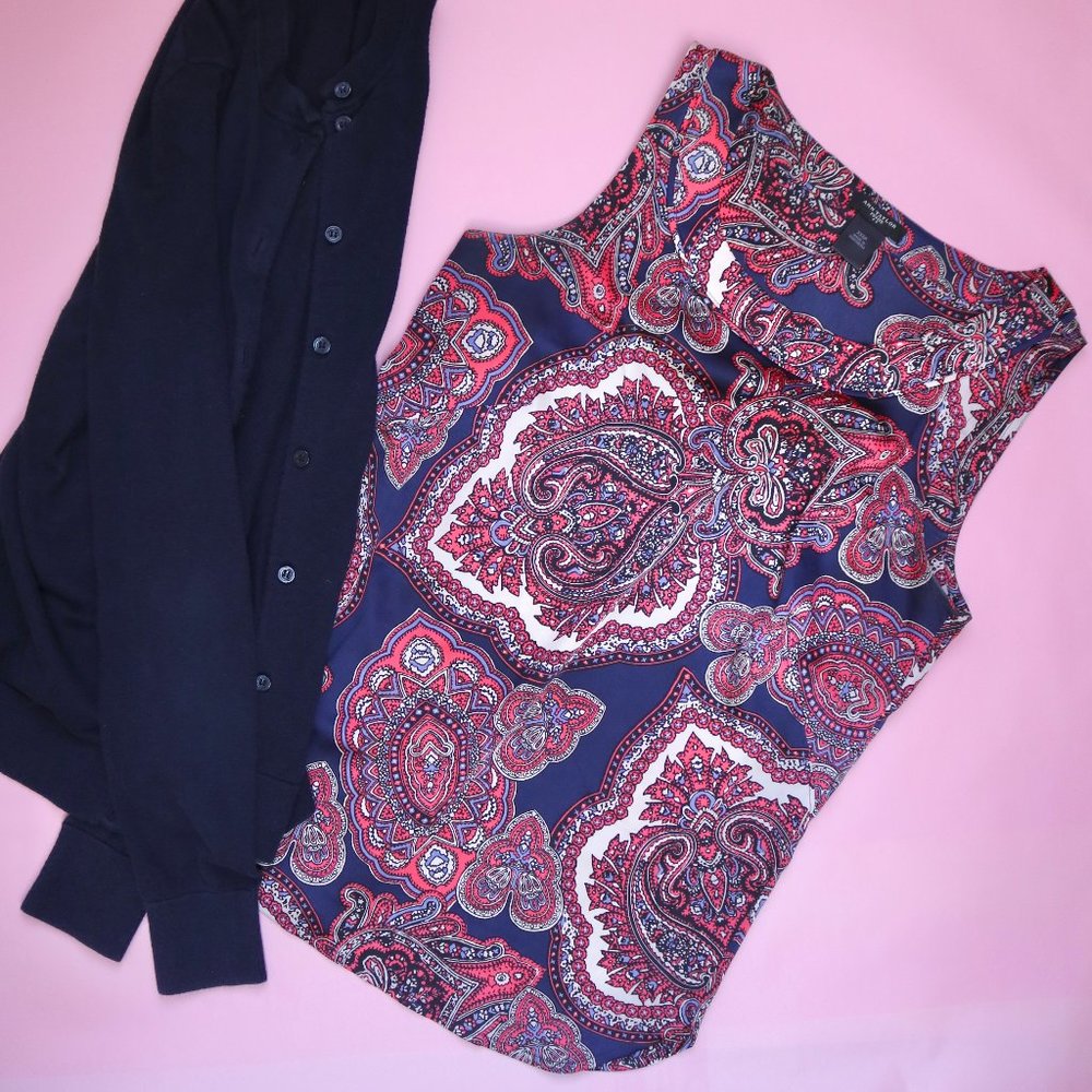 Ann Taylor shell - navy & pink paisley pattern